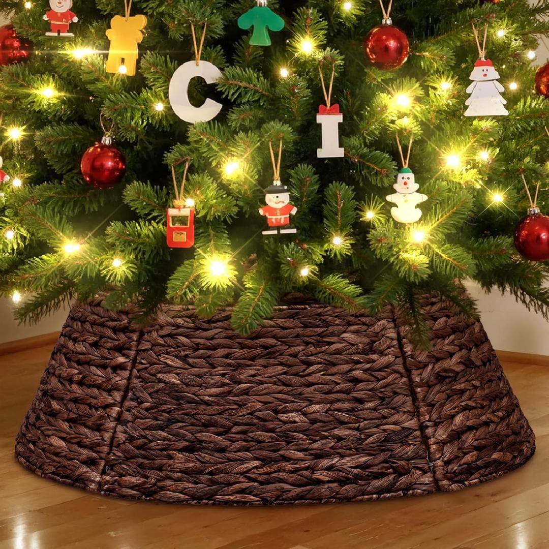 Lanpn Natural Rattan Christmas Tree Collar 24 inch, Decorative Wicker Woven Tree Skirt Ring Stand Base Cover Rustic Farmhouse for Small mini Pencil Silm Artificial Trees Xmas Decor (Brown)