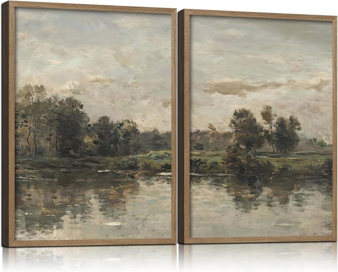 2Pcs Framed Canvas Wall Art Countryside Artwork Prints Landscape Posters Gallery Retro Classic Nature Pictures Home Decor Living Room Bedroom Office Farmhouse 16X24 Inch Ready to Hang, 16L" x 24W"