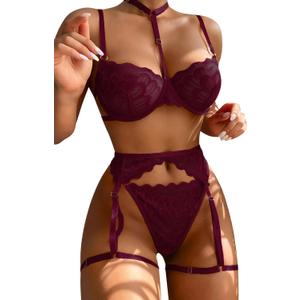 Lilosy Sexy Choker Floral Lace Underwire Push Up Garter Belt Lingerie Set for Women Sheer Bra and Panty 3 Piece (Medium, Burgundy Red)