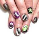 RUOKEXIN Halloween Press on Nails Extra Short Fake Nails Horror Skeleton False Nails with Green Monster Designs Glitter Glue on Nails Glossy Artificial Nails Holiday Stick on Nails for Women 24Pcs
