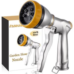 FANHAO Garden Hose Nozzle Heavy Duty, 100% Metal Spray Nozzle High Pressure Water Hose Nozzle with 7 Patterns for Watering Garden, Washing Cars and Showering Pets (Silver)