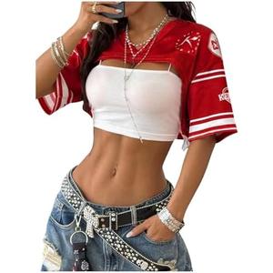 MakeMeChic Cropped Jersey Shirts for Women Half Sleeve Y2k Crop Tops Shrugs V Neck Graphic Tee XS