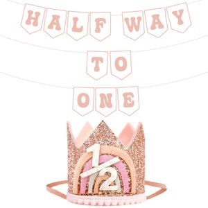 Girl 1/2 Birthday Decorations, Rose Gold Half Way To One Banner And Adjustable 1/2 Birthday Crown For 6 Months Girl Half Year BDDecorations