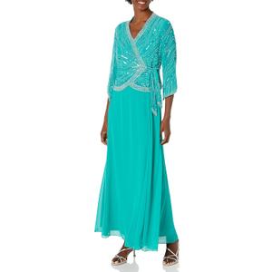 J Kara Women's Long 3/4 Sleeve V-Neck Beaded Faux Wrap Dress (8 Petite, Aqua Multi) Size 8
