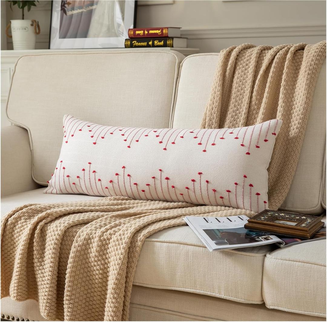 Caflife Christmas Lumbar Pillow Cover 14x36 Long Pack of 1 Decorative Pillows Bed, Beige with Red Body Throw Pillow Covers, for Modern Farmhouse Sofa Bedroom Living Room Home Decor Couch Pillowcase