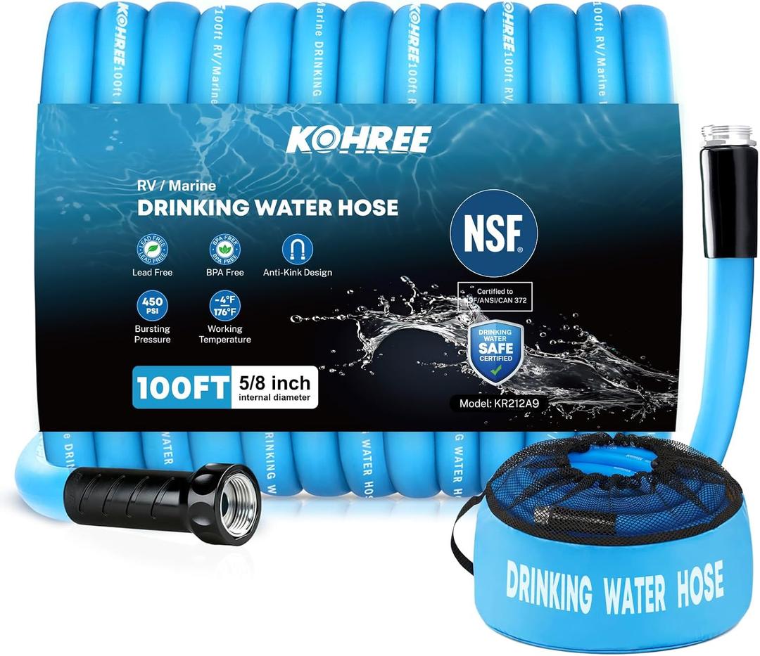 Kohree NSF 372 Certified 100-ft Drinking Water Hose, 5/8'' Premium RV Water Hose with Storage Bag, Heavy-Duty Machined Fittings, Leak Free, No Kinks, Potable Water Hose for RV, Camper, Garden - Blue