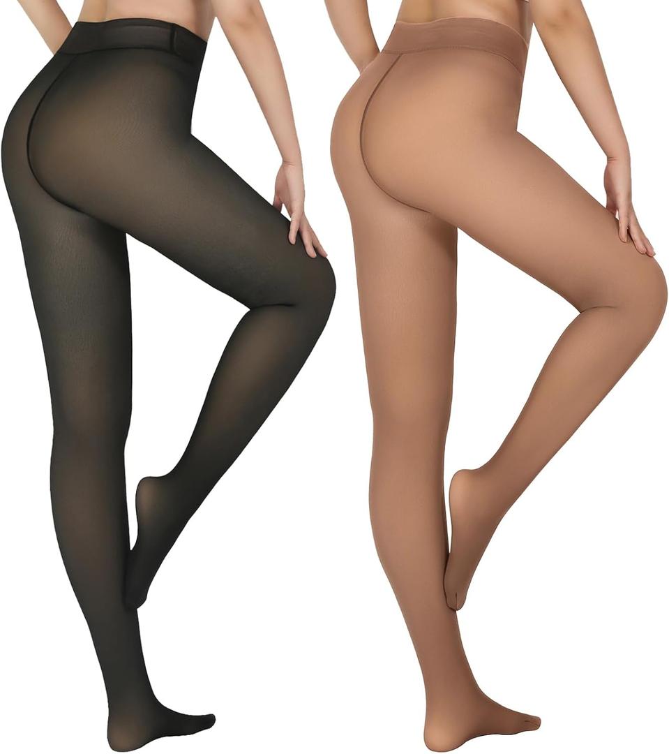 2 Pairs Fleece Lined Tights Women-Thermal Pantyhose leggings Women,Fake Translucent Skin Colored Tights for Winter (Medium, Black+Brown)