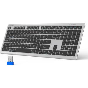 TECKNET Bluetooth Keyboard Rechargeable, 4-Device Free Switching (2.4G+BT), Ultra-Slim Full Size Wireless Keyboard, Quiet Typing, for PC/Laptop/Smart TV/Phone, Adjustable Stand, 12 Multimedia Keys (Silver&Grey)