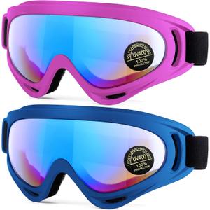 2-Pack Snow Ski Goggles, Snowboard Goggles for Men, Women, Youth, Kids, Boys or Girls (07.blue Frame With Multicolor Lens + Pink Frame With Multicolor Lens)