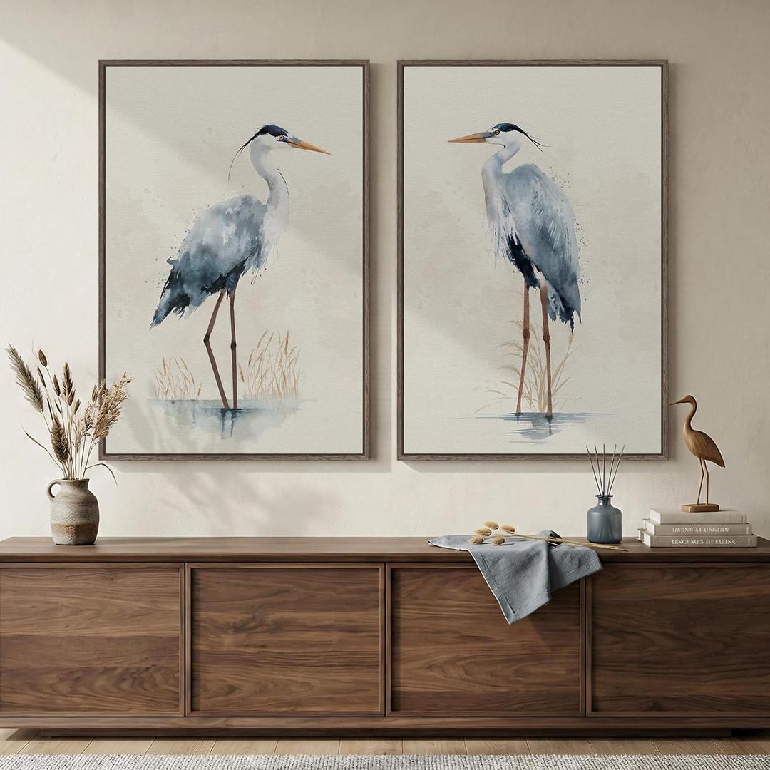 Large Framed Vintage Bird Wall Art, 2 Piece Neutral Blue Heron Canvas Painting Prints, Minimalist Farmhouse Vertical Coastal Heron Artwork for Living Room Office Kitchen Hallway Wall Decor, 24x36, 24" W x 36" H x 2Pcs