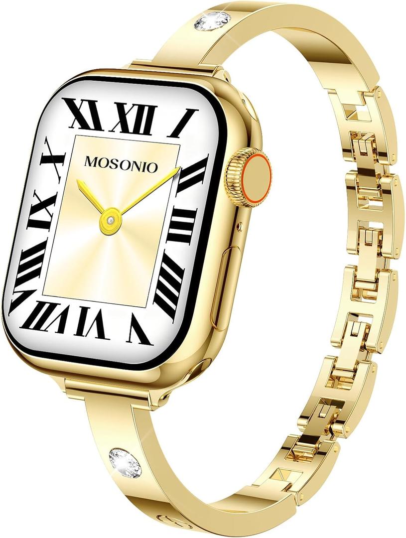 Mosonio Slim Bracelet Band with Sparkly Accents Compatible with Apple Watch Bands 46mm 45mm 44mm 49mm 42mm(Series 3 2 1)/ 38mm 40mm 41mm 42mm(Series 11 10) for Women, Stylish Adjustable Link Thin Metal Strap for iwatch Ultra Series 11 10 9 8 7 6 5 4 SE 3 2 1 (Gold)