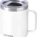 SUNWILL Insulated Coffee Mug with Lid, Travel Tumbler with Handle, 14 oz Stainless Steel Cup for Camping, Office, Home, Powder Coated White