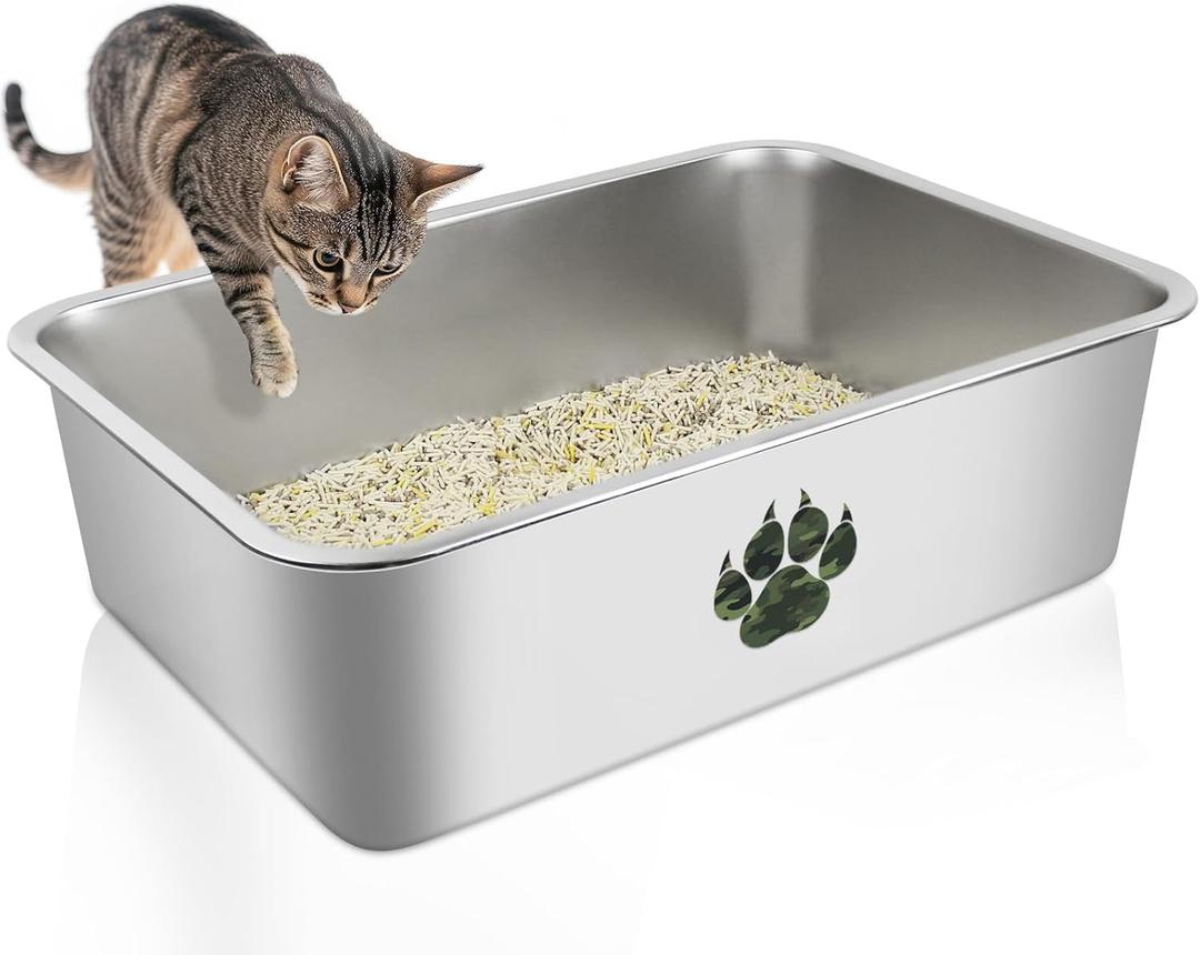PTLOM Stainless Steel Cat Litter Box, Large Metal Litter Box, Splashproof and Non-Stick Coating, Cat Litter Box for Large and Small Cats, Rabbits, Tabby Leg , 24x8 In