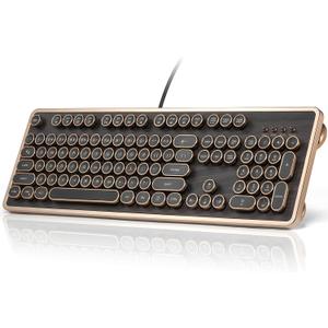 GLENCREAG RK104 Retro Mechanical Keyboard, Wired Full-Size 104 Keys with Typewriter Round Keycaps, Wooden Grain, N-Key Rollover, Green Linear Switches, Ideal for Retro Lovers