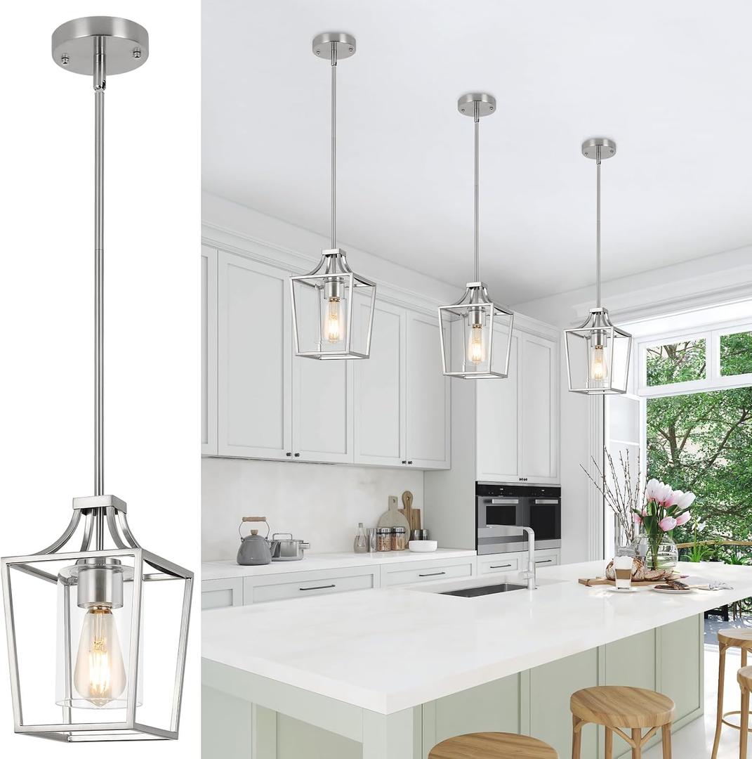 Brushed Nickel Lantern Pendant Light Fixture Pendant Lights for Kitchen Island with Clear Glass Shade, Adjustable Height Rods Pendant Lighting for Dining Room Kitchen Foyer Hallway, 6.69 inch