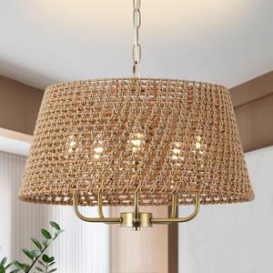 20" Large Rattan Chandeliers for Dining Room, 5-Light Farmhouse Wicker Boho Chandelier with T-Shape Shade Rattan Ceiling Pendant Light Fixture for Bedroom Hallway Kitchen Island(Gold)