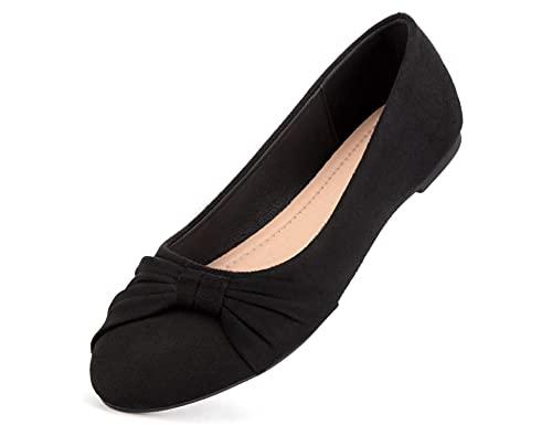 MaxMuxun Women's Faux Suede Round Toe Ballet Dressy Black Flats Shoes, 8 1/2