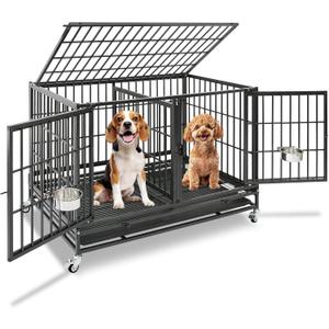 Homey Pet 43 Inch Dog Crate, Heavy Duty Stackable Dog Crate Cage Kennel for Medium Dogs with Divider, Bowls, 3 Door, Removable Grid & Tray, 4 Lockable Wheels, Breeding & Grooming Drop Cages for Dogs