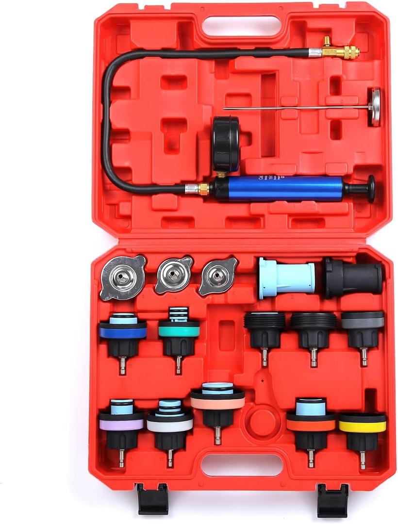 18pcs Universal Radiator Pressure Tester Kit, Coolant Vacuum Refill kitCoolant Pressure Tester Kit with Manual Pump and Color-Coded Test Caps (red)