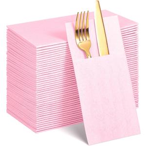60 Pcs Pink Linen-Feel Paper Napkins with Built-in Flatware Pocket, Mother's Day Pocket Linen Napkin Prefolded Cloth Like Paper Napkins Bulk for Anniversay Wedding Baby Shower Birthday Bridal Party