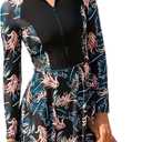 Rash Guard Swim Dresses Women Long Sleeve Zip Up Swimdress One Piece Skirted Swimming Swimsuit (Large, Yellow Floral Print)