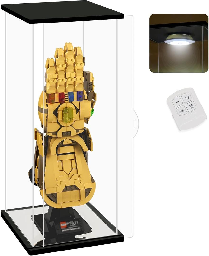 NONEMEY Clear Acrylic Display Case with Remote Control Light for Lego 76191 76223Dustproof Model Showcase Organizer Box, Display Case for Collectibles (5.9x7x14.5inch, 15x18x37cm)
