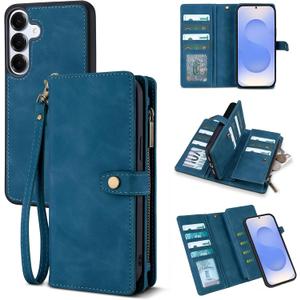TwoHead for Samsung Galaxy S25 Wallet Case with Card Holder, Detachable Magnetic Phone Case for S25,PU Leather All-Round Protective Phone Case Wallet with Wrist Strap(6.2 in,Navy Blue)