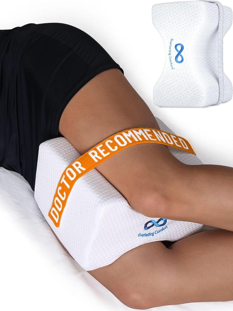 Everlasting Comfort Memory Foam Leg & Knee Pillow for Side Sleepers - FSA/HSA Eligible Sciatica Pain Relief Leg Pillow for Side Sleeping - Adjustable Strap (White)