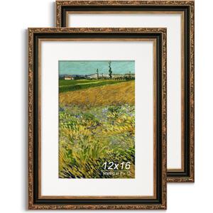 12x16 Picture Frame, Ornate Embossing Frame with Paper Mat and Plexiglass, Fit for 12x16 without Mat or 8x12 with Mat, Wall Mounting Display for Art Prints, Black and Antique Gold, 2 Pack