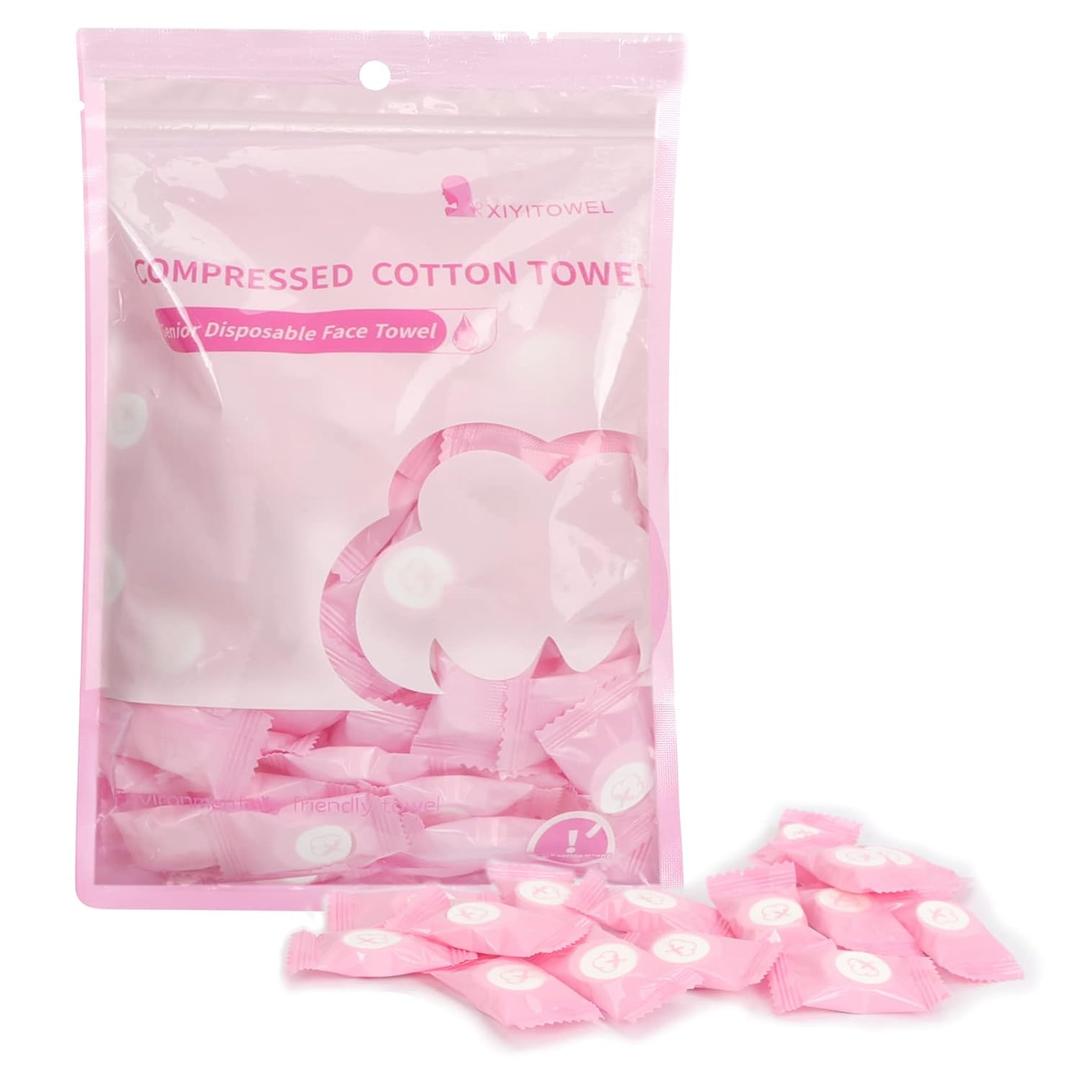 Classycoo Compressed Towel 100 PCS Mini Tablets Disposable Portable Face Towel Cotton Coin Tissue Eco-Friendly for Travel, Camping, Hiking, Sport, Beauty, Home Hand Wipes, Outdoor Activities Pink