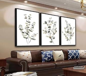 Large Framed Botanical Wall Art - Eucalyptus Leaf Wall Decor 16"x24" Set of 3 Taupe Simple Life Painting Prints Minimalist Farmhouse Plant Canvas Pictures for Living Room Bedroom Office Artwork