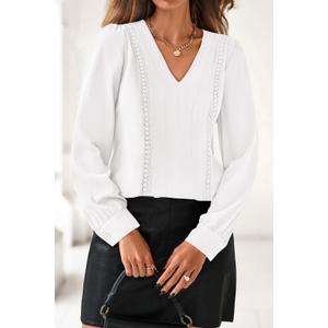 dowerme Womens Tops 2026 Spring V Neck T-Shirts Long Sleeve Shirts Lace Crochet Work Blouses Dressy Casual Loose Tunics (White, M)