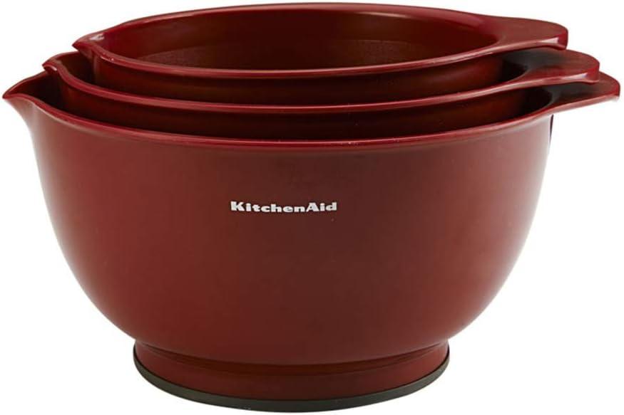 KitchenAid Universal Nesting Plastic Mixing Bowls, Set Of 3, 2.5 quart, 3.5 quart, 4.5 quart, Non Slip Base with Easy Pour Spout to Reduce Mess, Dishwasher Safe, Empire Red