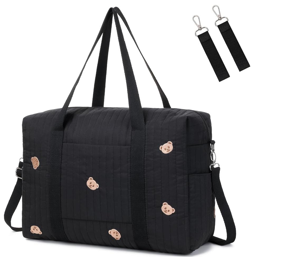 Diaper Bag Tote with Insulated Pockets and Stroller Hooks for Travel (Black, Large)