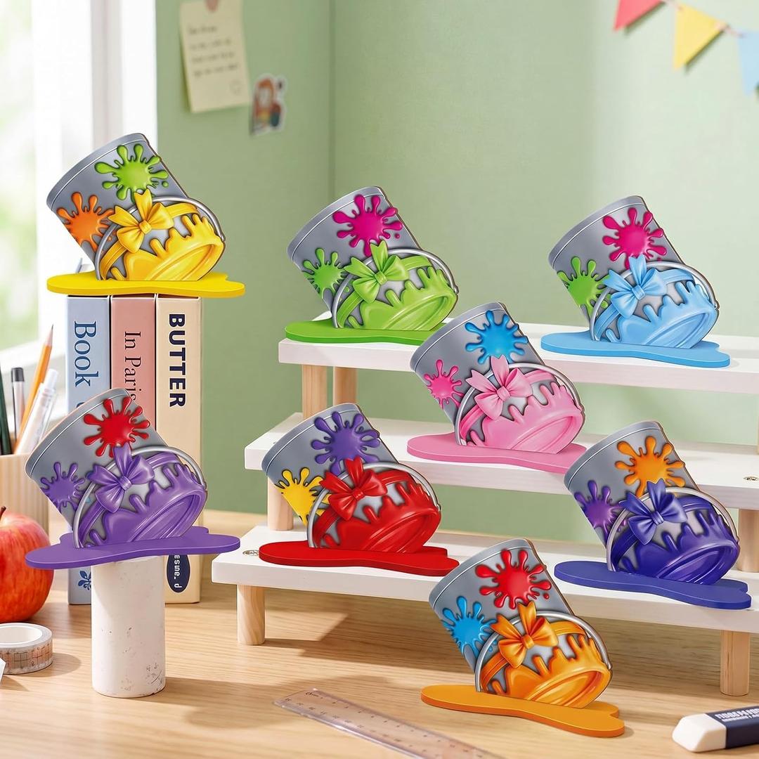 Amyhill 8 Pcs Art Paint Party Table Decoration Back to School Paint Can Splatter Wooden Centerpiece Art Classroom Table Toppers Sign for First Day Back to School Birthday Party Supplies Gifts