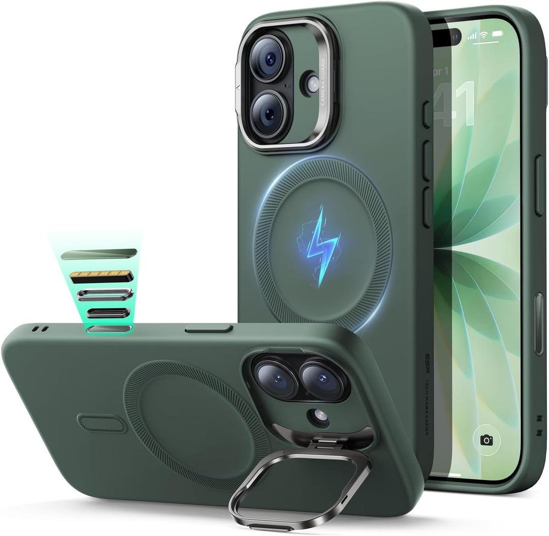 ESR Silicone Case for iPhone 17, Built-in Camera Stash Stand Compatible with MagSafe, Military-Grade Drop Protection Magnetic Phone Case for iPhone 17, Cloud Series, Olive Green