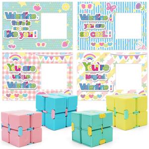 28 Pack Valentines Day Gifts for Kids, 4 Color Infinity Cubes with Valentines Gift Cards for Boys Girls School Classroom Exchange Prize, Valentines Party Favors Toys