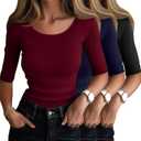 Ficerd 3 Pack 1/2 Sleeve Tops for Women Half Sleeve Scoop Neck T Shirts Ribbed Slim Fit Casual Elbow 2025 Summer Basic Tee (Large, Black, Navy, Burgundy)