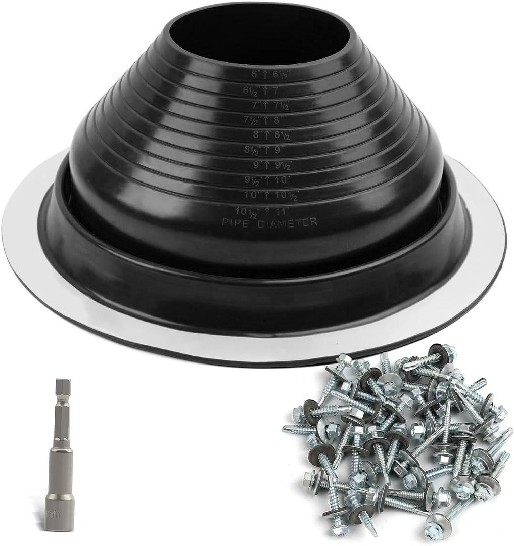 #7 High Temp Silicone Metal Roof Pipe Flashing Boot - Black Roof Vent Boot for Pipe OD 6" to 11" - Roof Vent Cover for Stove Pipe, Chimney, HVAC Ducts & Plumbing Vents with Roofing Screws & Hex Socket