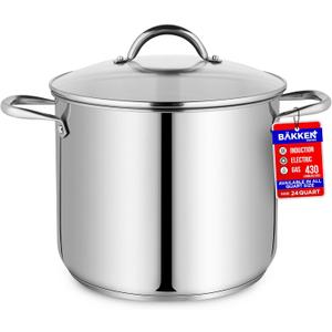 Stainless Steel Stockpot with Tempered Glass Lid 24 Quart, Durable 18/0 Stainless Steel, Impact-Bonded Base for Even Heating, Riveted Handles, Oven & All Stove Compatible, Safe Up To 500F (260C)