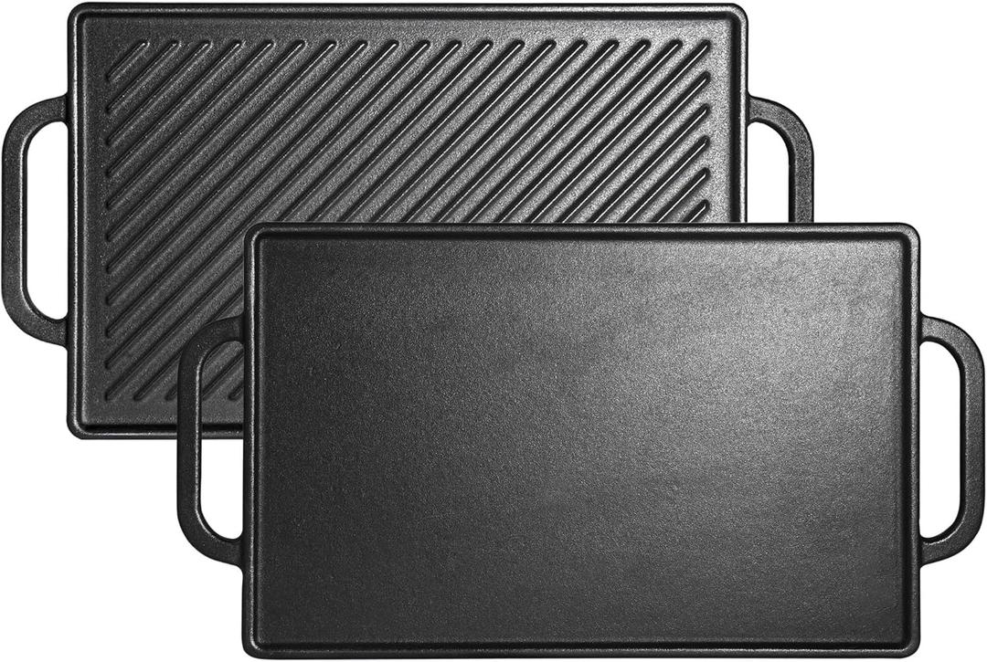 Leship Cast Iron Rectangular Reversible Griddle for Oven, Stove Tops, Grill and Others, 13''x 8.25'' Double-Sided Griddle