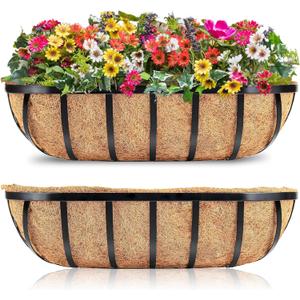 Y&M 24'' Outdoor Planters, 2 Pack Window Boxes with Coconut Coir Liner, Hanging Flower Planter for Balcony, Porch, Fence, Patio Rail
