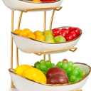 Fruit Bowl for Kitchen Counter, 3 Tier Fruit Basket for Counter, Ceramic Holder, Tiered Stand with Metal Stand, Detachable Rack for Fruit Vegetable Snack Dessert Storage (White)
