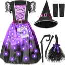 Spooktacular Creations Light-up Witch Costume for Girls, Toddlers Print Witch Outfit Set for Kids Halloween Dress Up Parties (L)