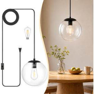 KoKo&Yukina 10" Globe Pendant Light Black Plug in Pendant Light Adjustable Hanging Lights with Plug in Cord Matte Black Finished with Clear Glass Lampshade for Bedroom Kitchen Island（Bulb Included）