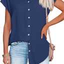 Womens Work Blouses Cap Sleeve Button Down Tops V Neck Collared Casual Business Plain Basic Summer Shirts (Large, Blue)