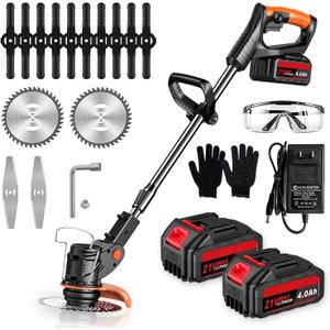 Weed Wacker, 21V Electric Cordless Weed Eater Brush Cutter with 3 Types Blades and 4.0Ah Battery Powered, 3.9 lbs, Adjustable Cutting Angle & Height Edger Lawn Tool for Garden and Yard