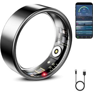 Mirlray Smart Ring for Women & Men, Smart Ring Health Tracker, Blood Oxygen & Heart Rate Monitor, Long Lasting Battery Sleep Ring, Waterproof Fitness Ring (Black, 8)