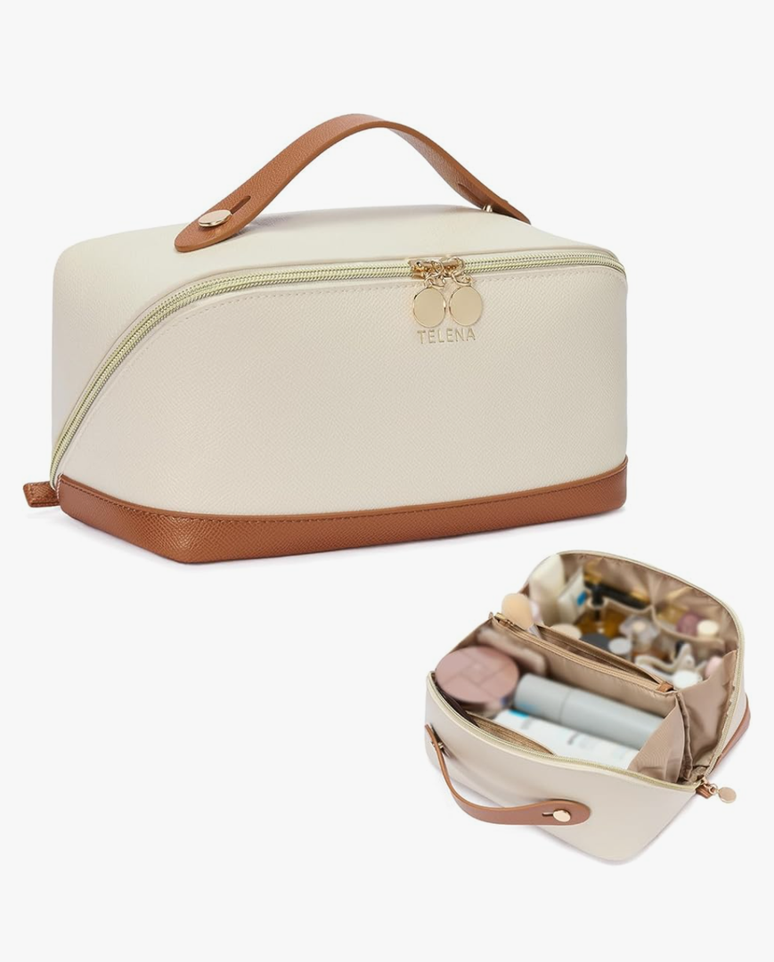 Telena Leather Make Up Bag Portable Travel Makeup Bag Waterproof Cosmetic Bags for Women Large Capacity With Handle and Divider Open Lay Flat