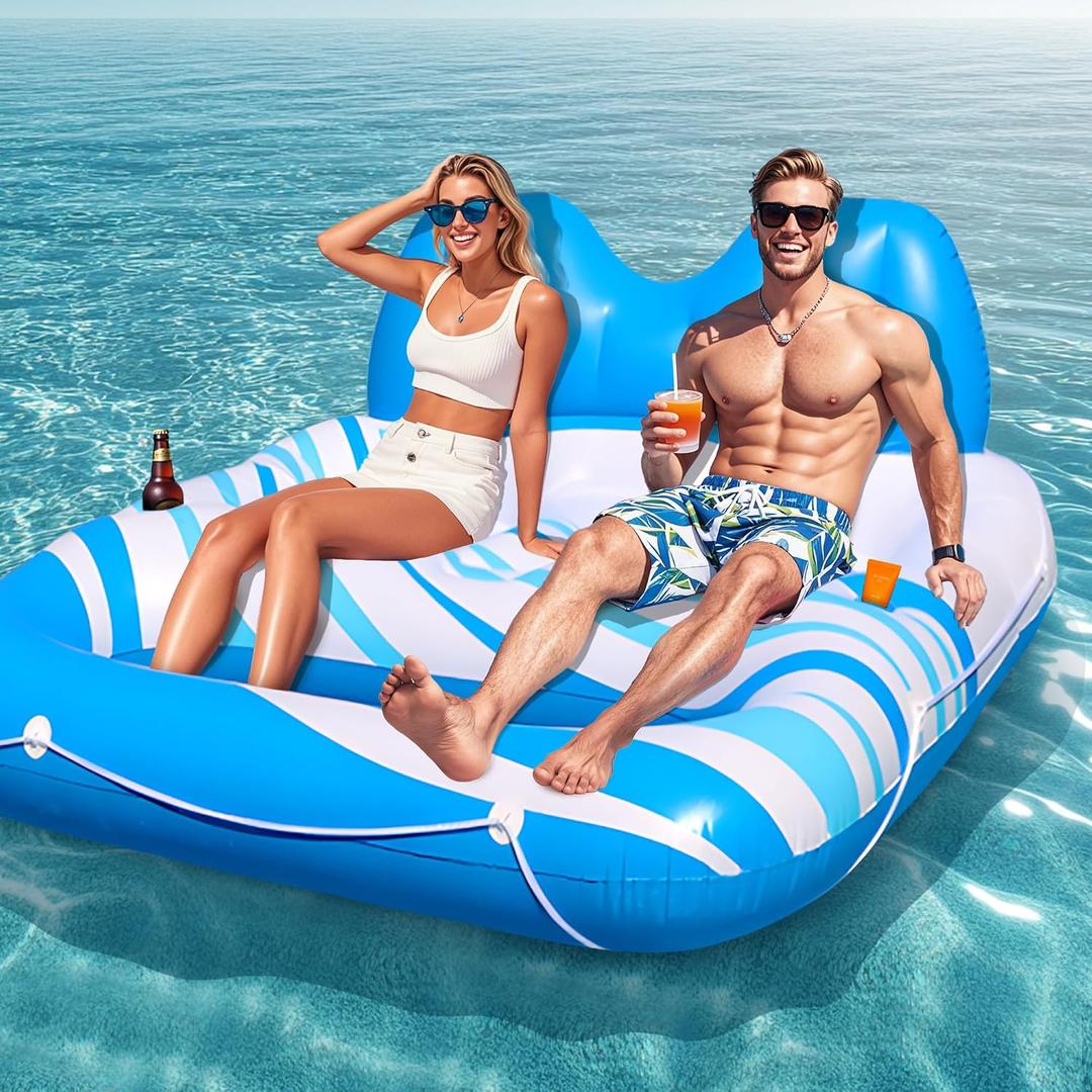 Pool Float for Adults Extra Large Inflatable Tanning Pool Float with Backrest, Footrest & 2 Cup Holders, Heavy Duty Float Lounger for Pool, Lake, River